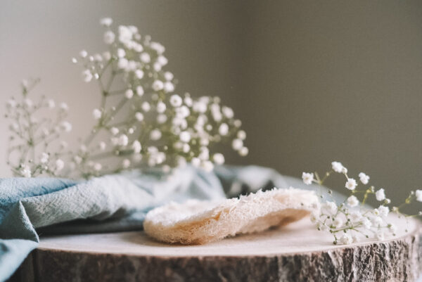 Porte-savon en luffah sur un tronc avec du gypsophile