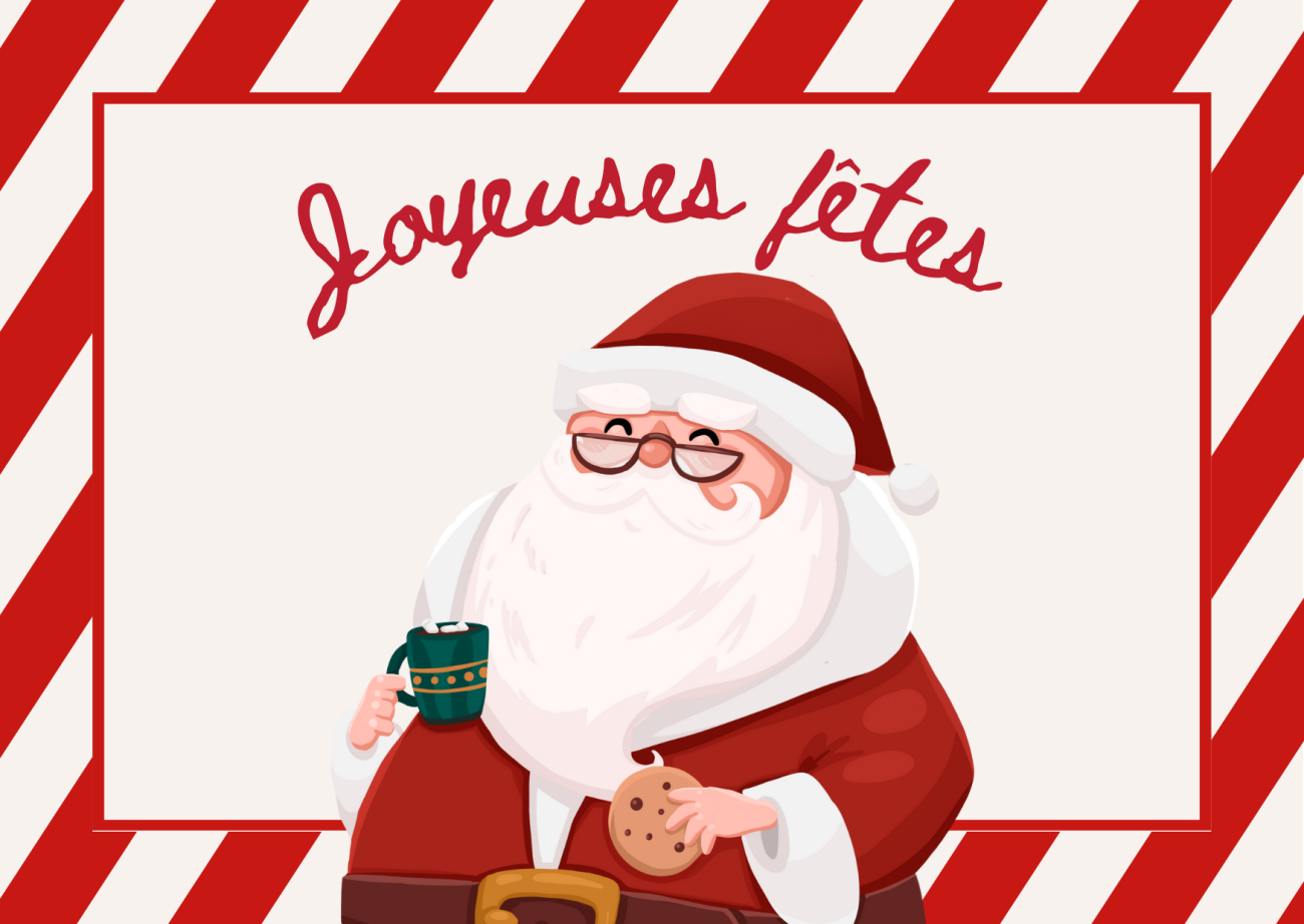 Carte cadeau Joyeuses Fêtes illustrée d'un père Noël qui boit un chocolat chaud et mange un cookies